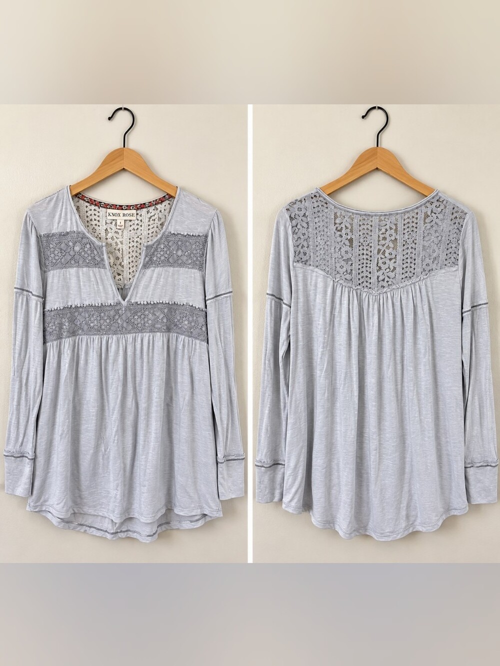 Knox Rose Lilac/Pale Gray Crochet Yoke Long Sleeve Tunic